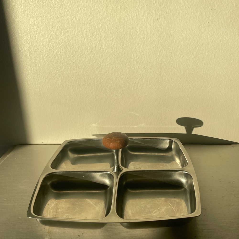Vintage Mid Century Modern Made in Sweden Metal Divided Tray with Wooden Handle